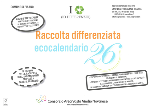 Calendario raccolta differenziata anno 2026